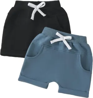 2 Pack Toddler Shorts Boys Girls Elastic Waist Solid Color Gingham Stripe Shorts Bottoms Summer