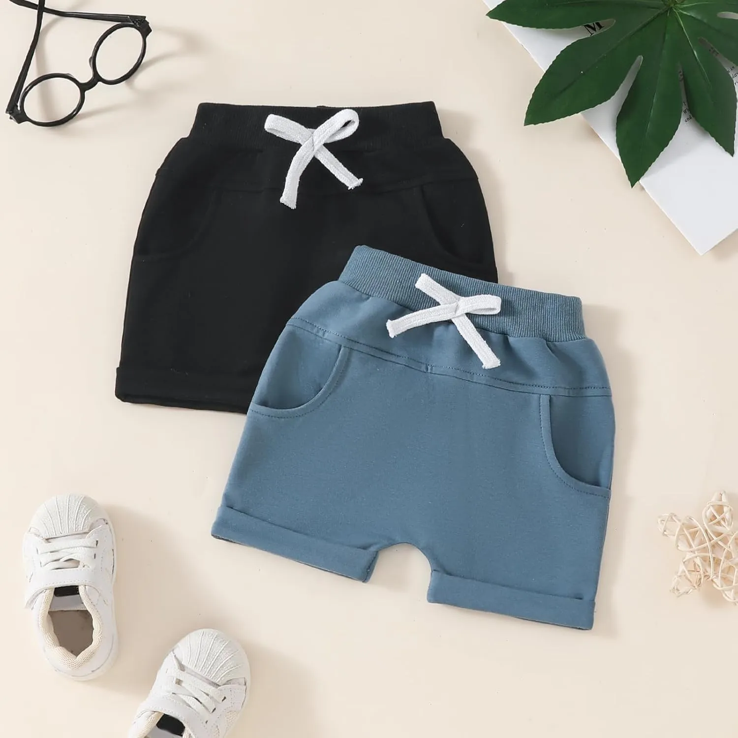 2 Pack Toddler Shorts Boys Girls Elastic Waist Solid Color Gingham Stripe Shorts Bottoms Summer