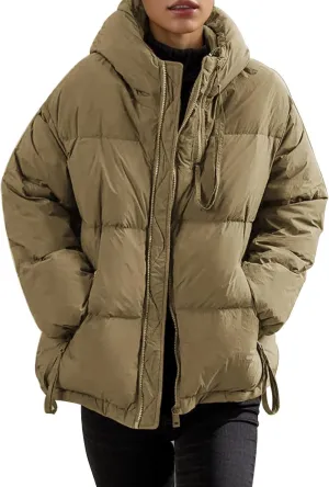 2024 Fashion Zipper Quilted Puffer Coat for Womens Hooded Long Sleeve Down Coat Comfy Warm Soft Down Jacket with Pocket