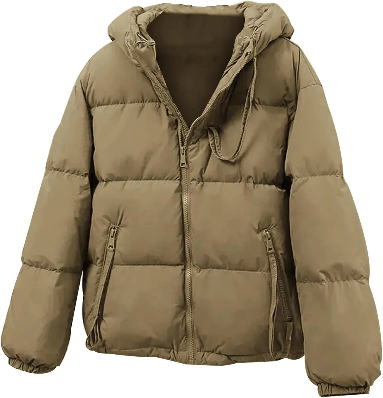 2024 Fashion Zipper Quilted Puffer Coat for Womens Hooded Long Sleeve Down Coat Comfy Warm Soft Down Jacket with Pocket