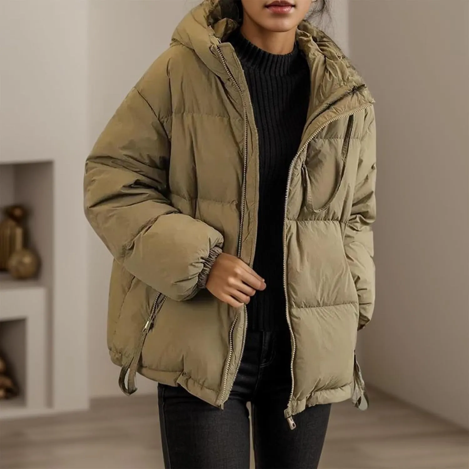 2024 Fashion Zipper Quilted Puffer Coat for Womens Hooded Long Sleeve Down Coat Comfy Warm Soft Down Jacket with Pocket