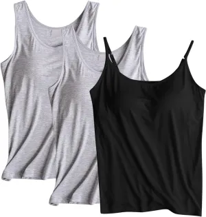 3 Pack Women Modal Camisole Tank Tops with Built in Bra Summer Soft Comfy Sleeveless Scoop Neck Workout Undershirts