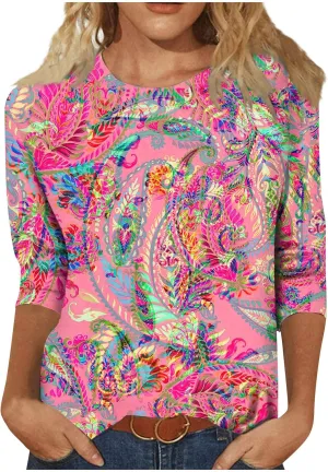 3/4 Length Sleeve Womens Tops 2024 Floral Print Vintage Casual Loose with Round Neck Plus Size Shirts