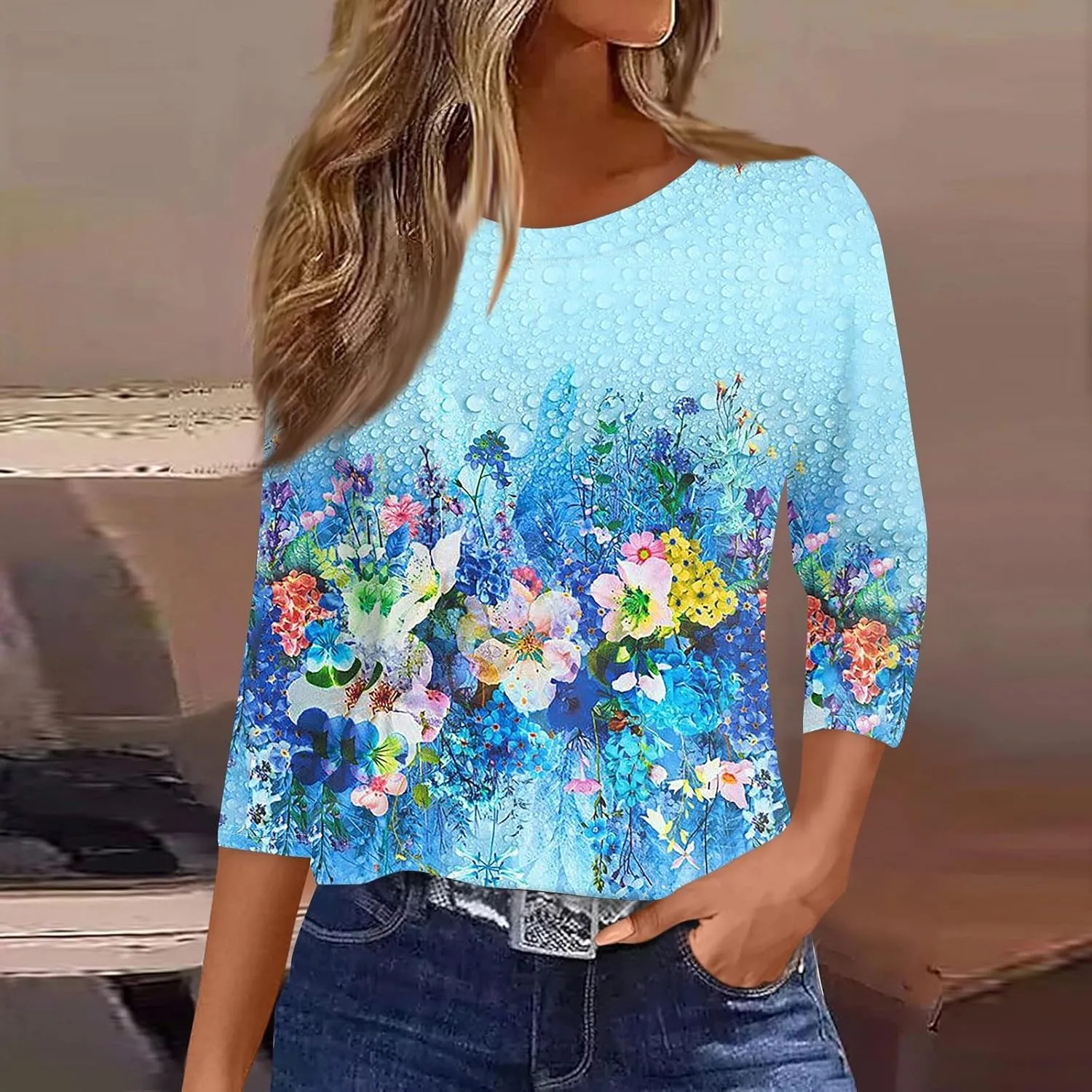 3/4 Length Sleeve Womens Tops Fashion Floral Print Vintage Tshirts 2025 Summer Casual Loose Crew Neck Blouses