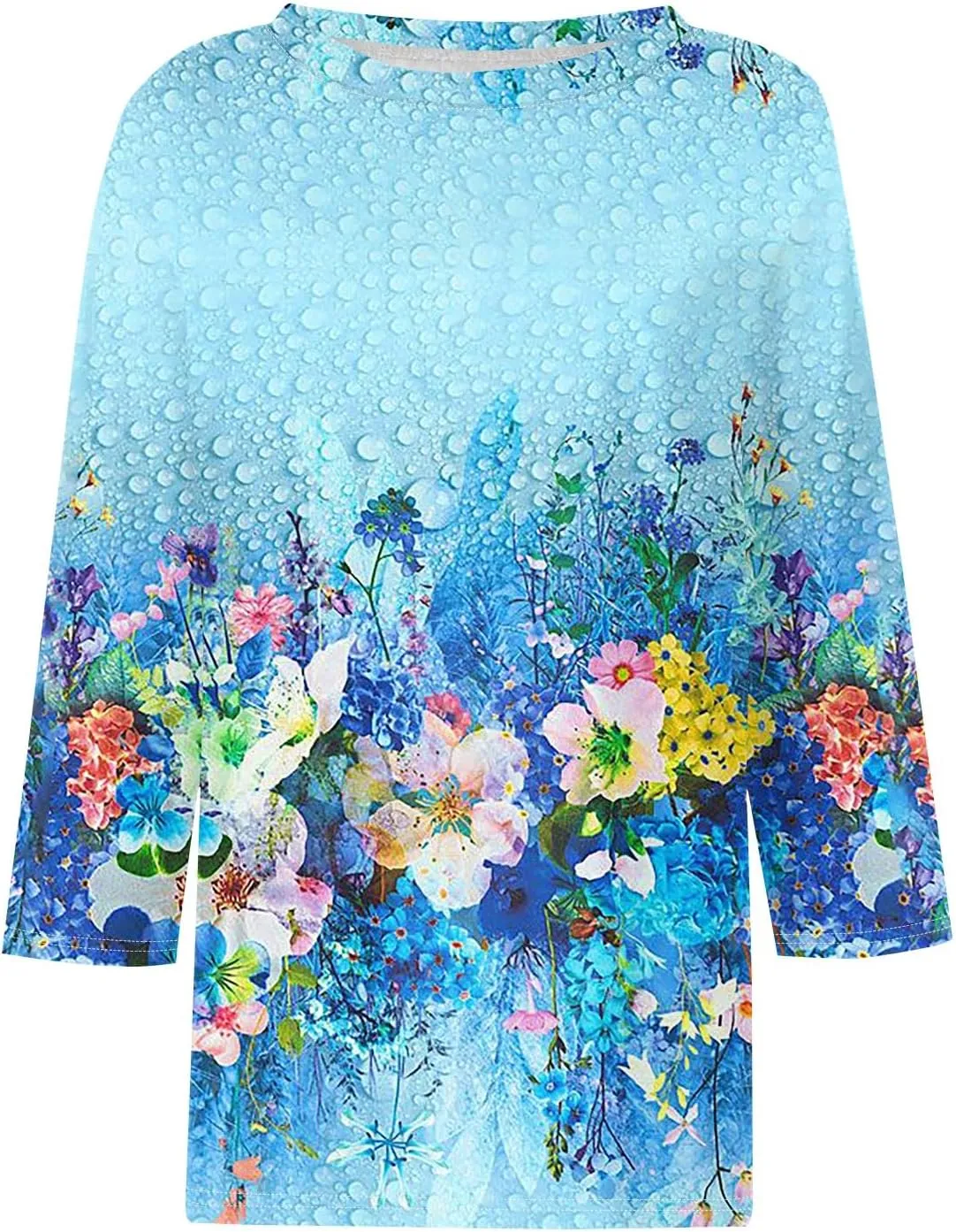 3/4 Length Sleeve Womens Tops Fashion Floral Print Vintage Tshirts 2025 Summer Casual Loose Crew Neck Blouses