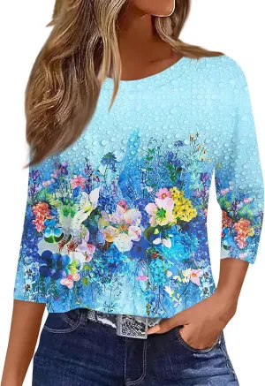 3/4 Length Sleeve Womens Tops Fashion Floral Print Vintage Tshirts 2025 Summer Casual Loose Crew Neck Blouses