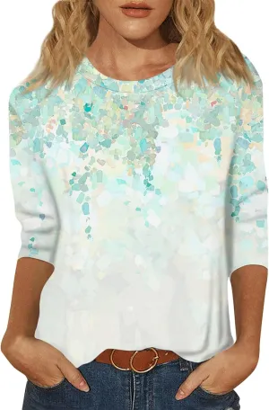 3/4 Length Sleeve Womens Tops Plus Size Spring Tops 2025 Crewneck Floral Graphic T Shirts Loose Fit Tunic Blouses