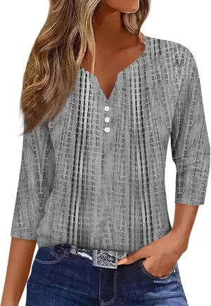 3/4 Length Sleeve Womens Tops Summer Casual Loose Fit Henley V Neck T Shirts Print Three Quarter Length Tunic Tops