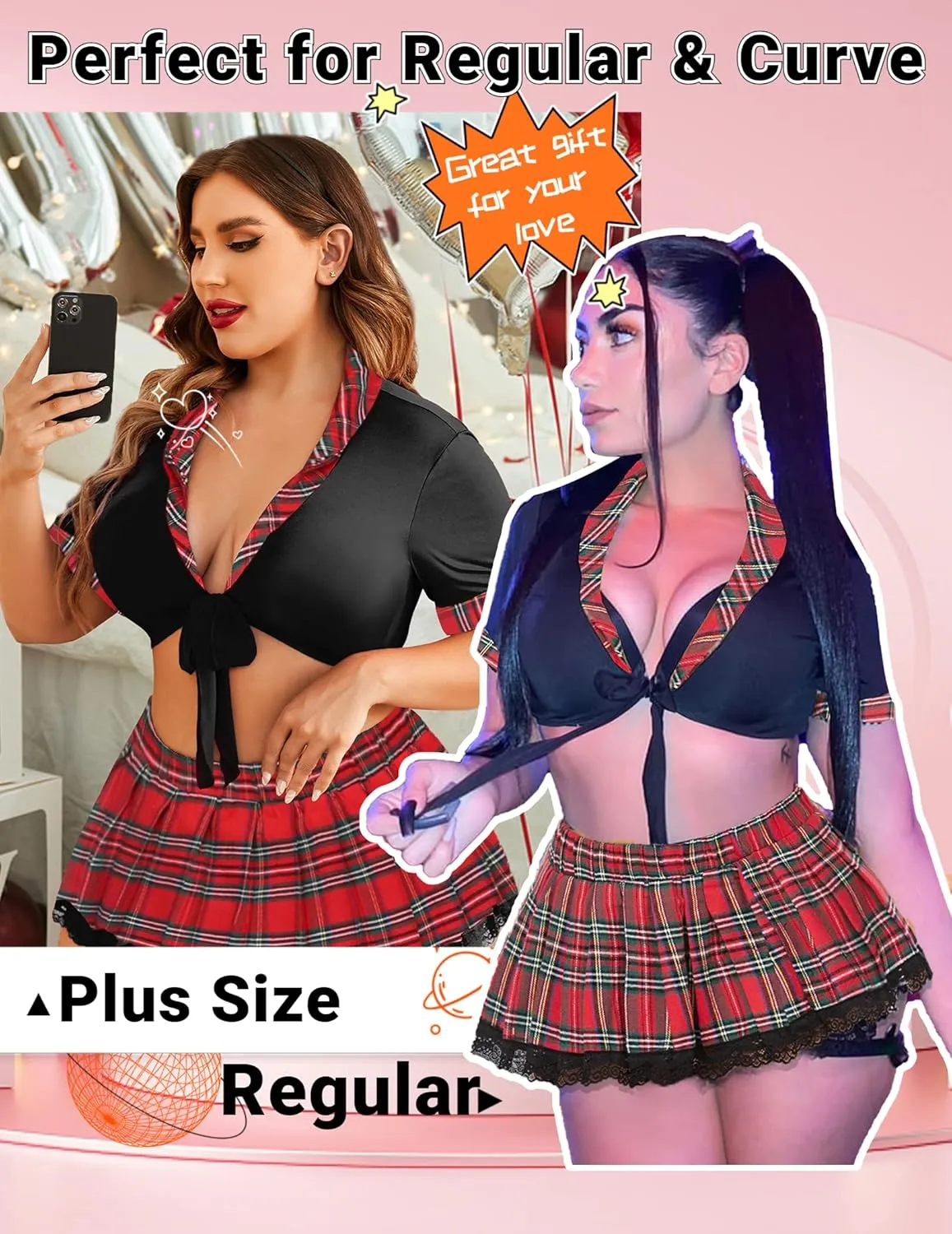 ADOME Lingerie for Women Sexy Schoolgirl Costume 0utfit Lingerie Set Lace Student Cosplay Roleplay with Top and Mini Skirt