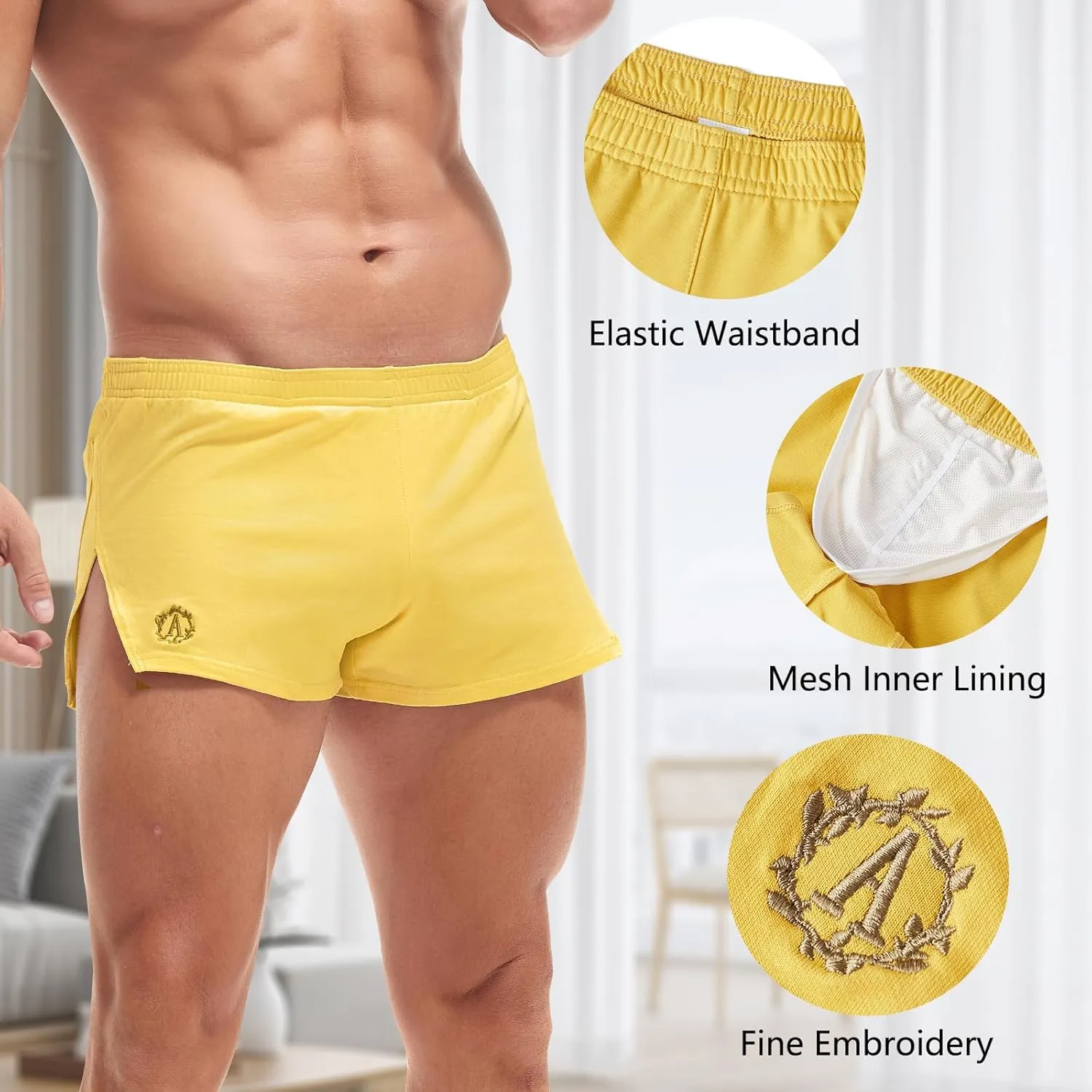 AMY COULEE Mens Cotton Gym Shorts Bodybuilding Lifting Lounge Split Shorts Lightweight Sleep Bottoms