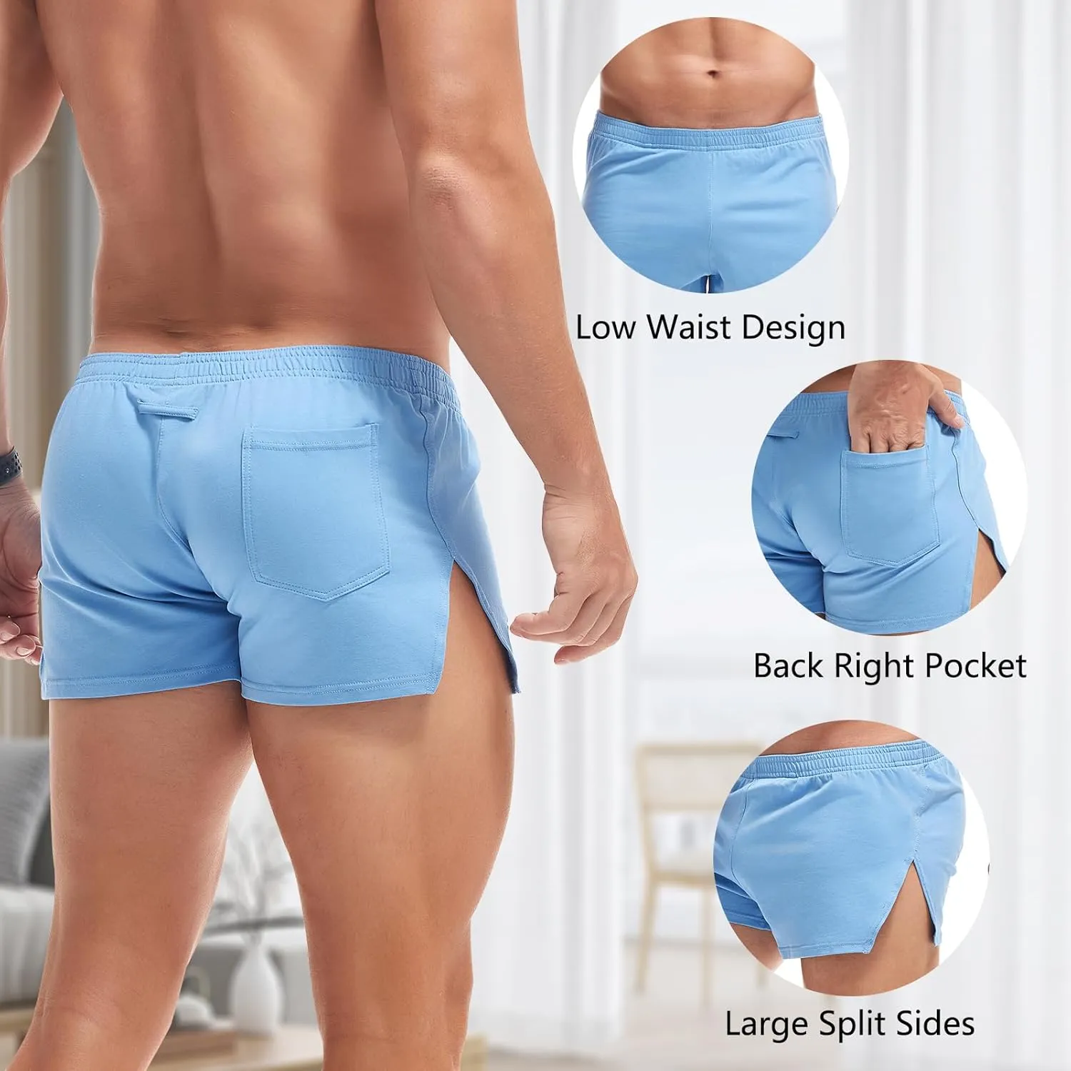 AMY COULEE Mens Cotton Gym Shorts Bodybuilding Lifting Lounge Split Shorts Lightweight Sleep Bottoms