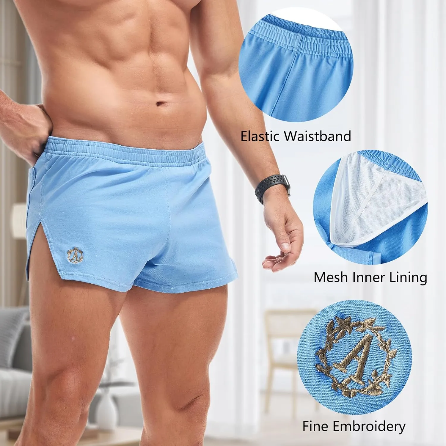 AMY COULEE Mens Cotton Gym Shorts Bodybuilding Lifting Lounge Split Shorts Lightweight Sleep Bottoms
