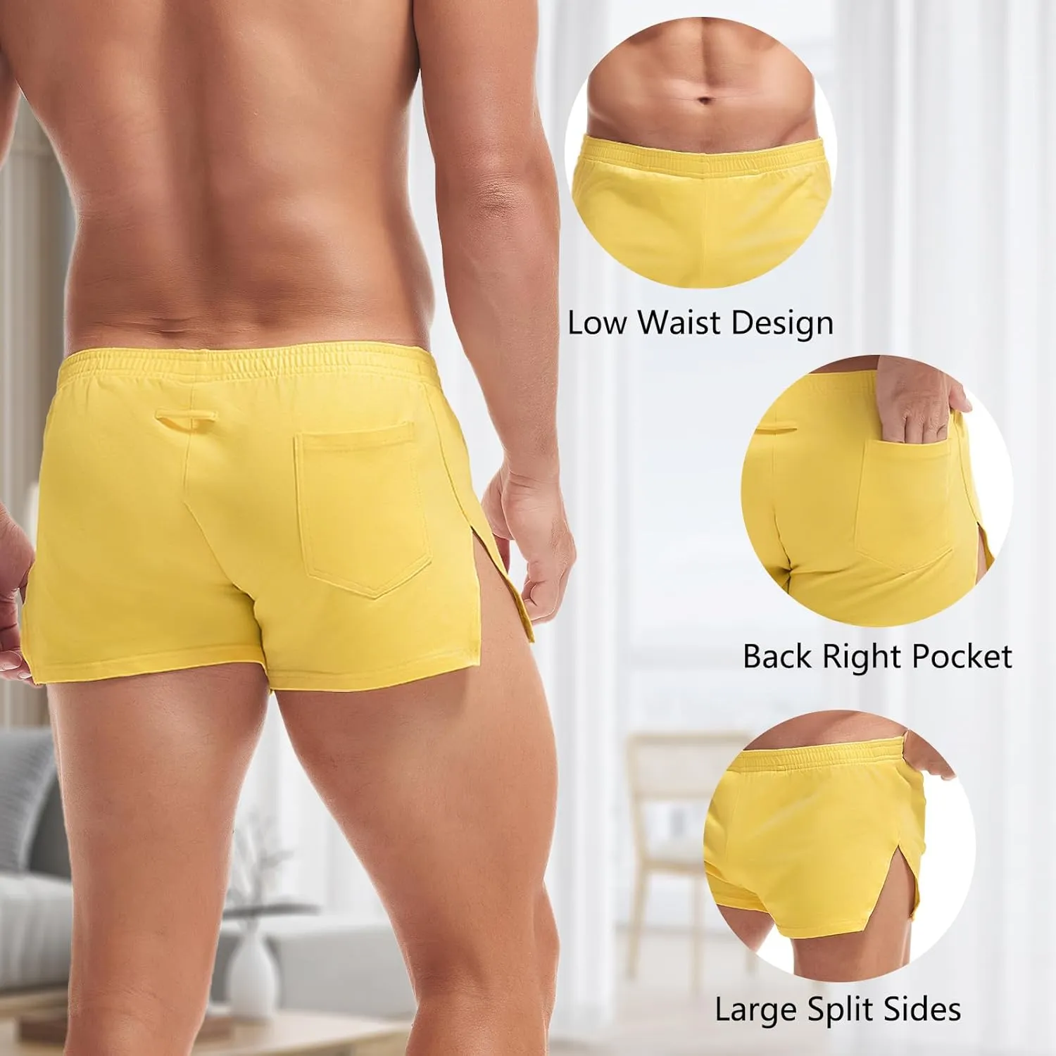 AMY COULEE Mens Cotton Gym Shorts Bodybuilding Lifting Lounge Split Shorts Lightweight Sleep Bottoms