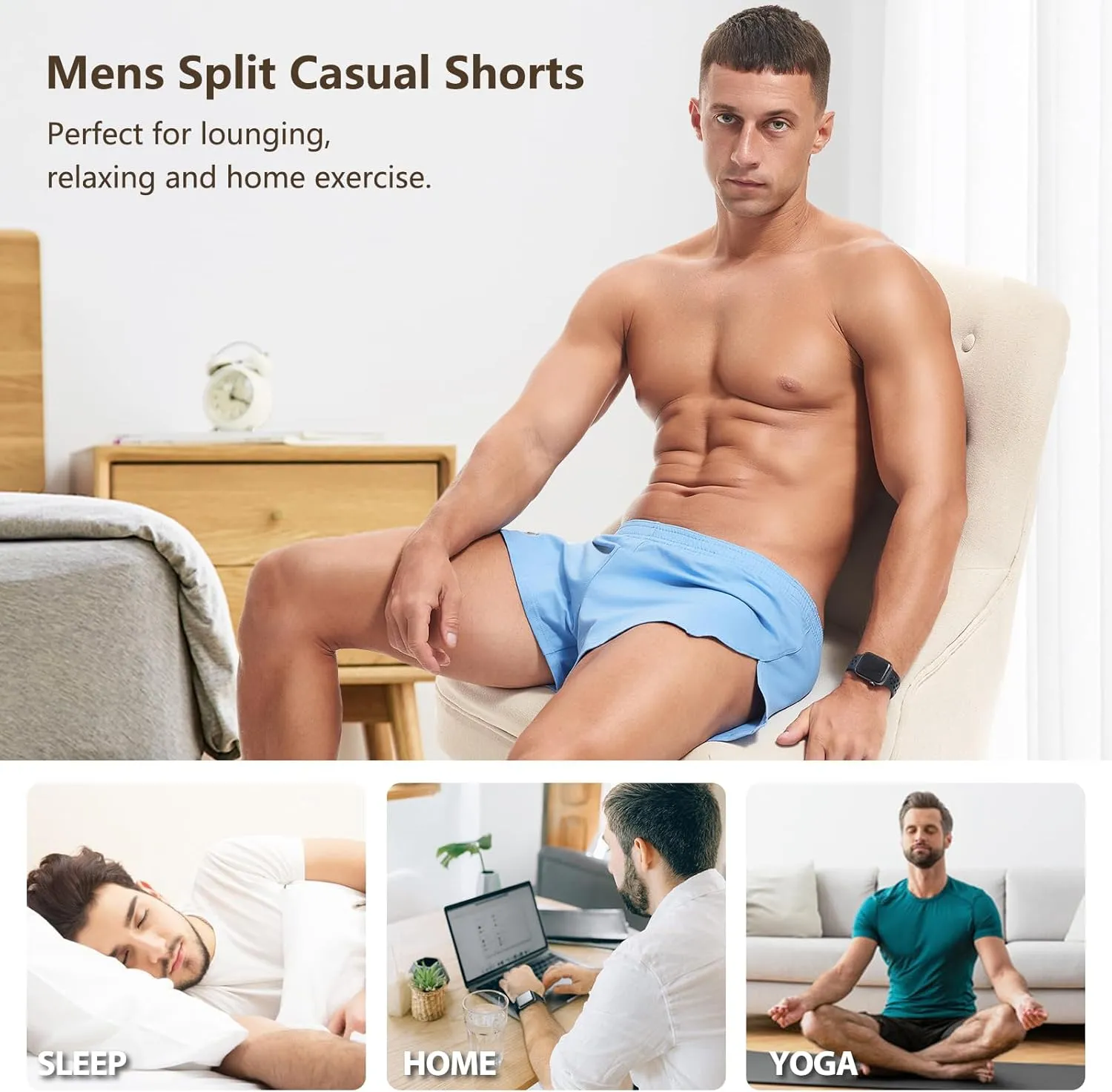 AMY COULEE Mens Cotton Gym Shorts Bodybuilding Lifting Lounge Split Shorts Lightweight Sleep Bottoms