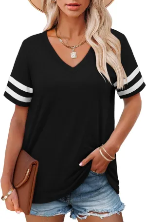 Angerella Casual Summer Tops for Women V Neck T Shirts Short Sleeve Tunic Tops Loose Fit