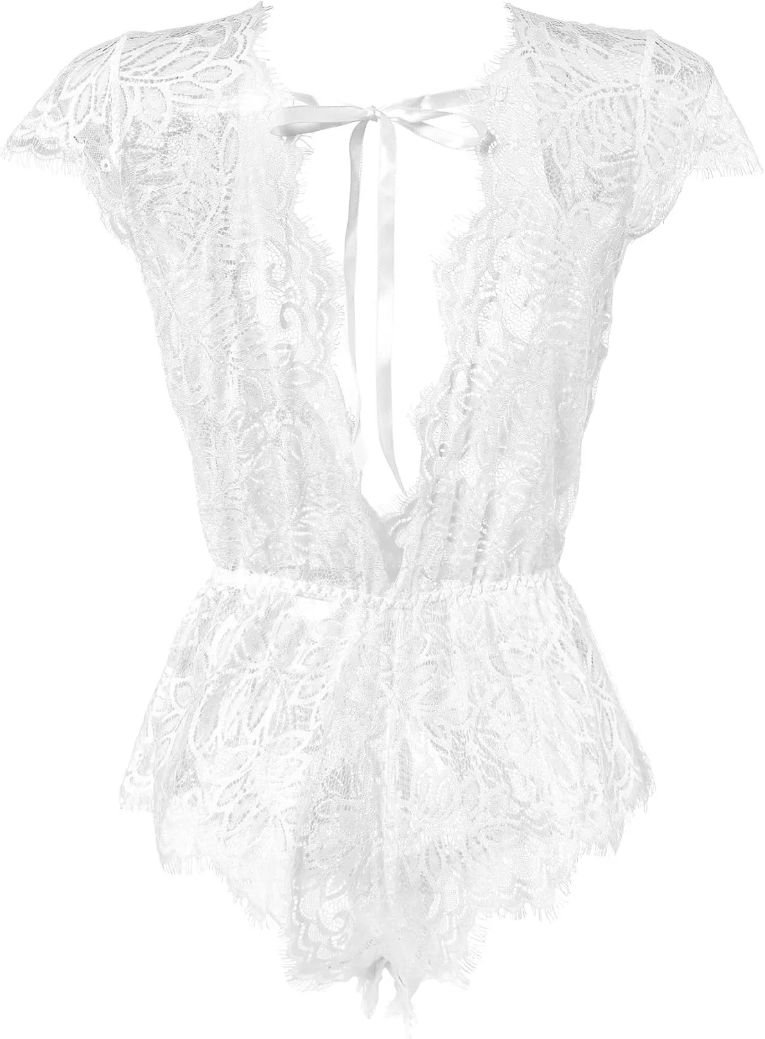 Anyou Womens Lingerie V-Neck Lace Bodysuit Mini Babydoll Featuring Plunging Eyelash Size XS-XXL