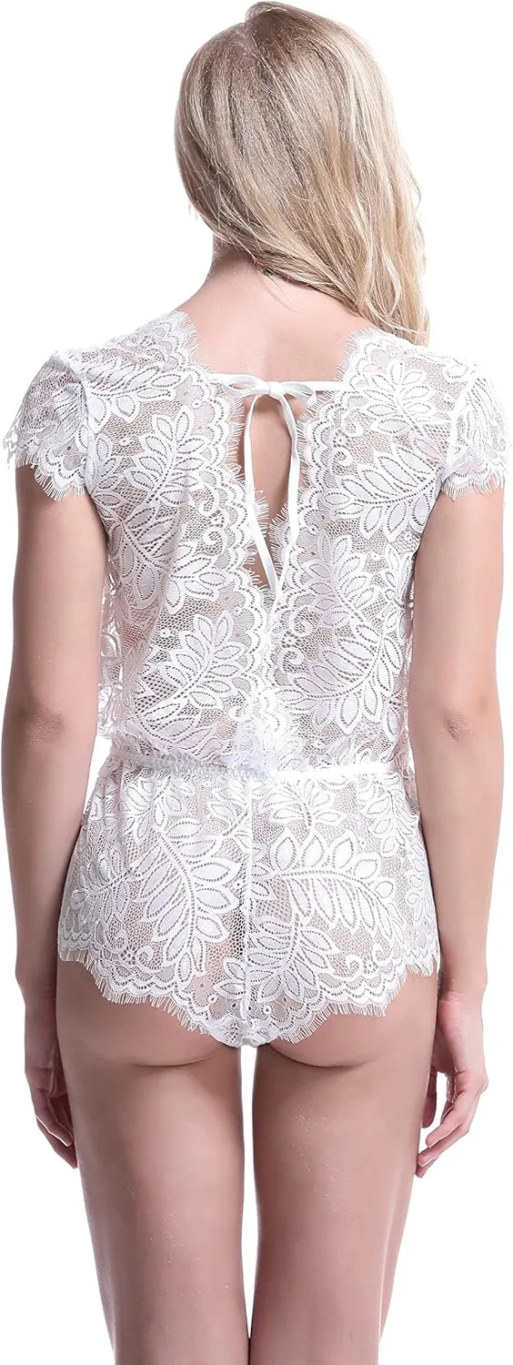 Anyou Womens Lingerie V-Neck Lace Bodysuit Mini Babydoll Featuring Plunging Eyelash Size XS-XXL