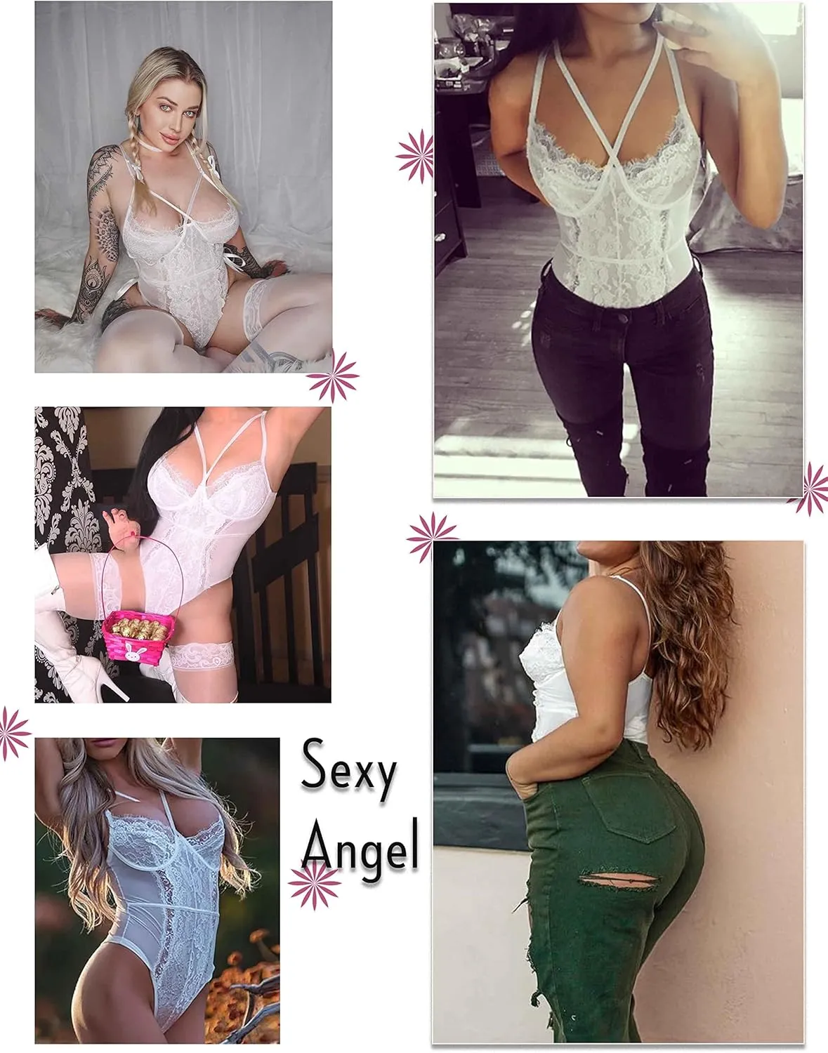Aranmei Lingerie for Women Eyelash Lace Strappy Sexy Teddy Babydoll Lingerie with Snap Crotch