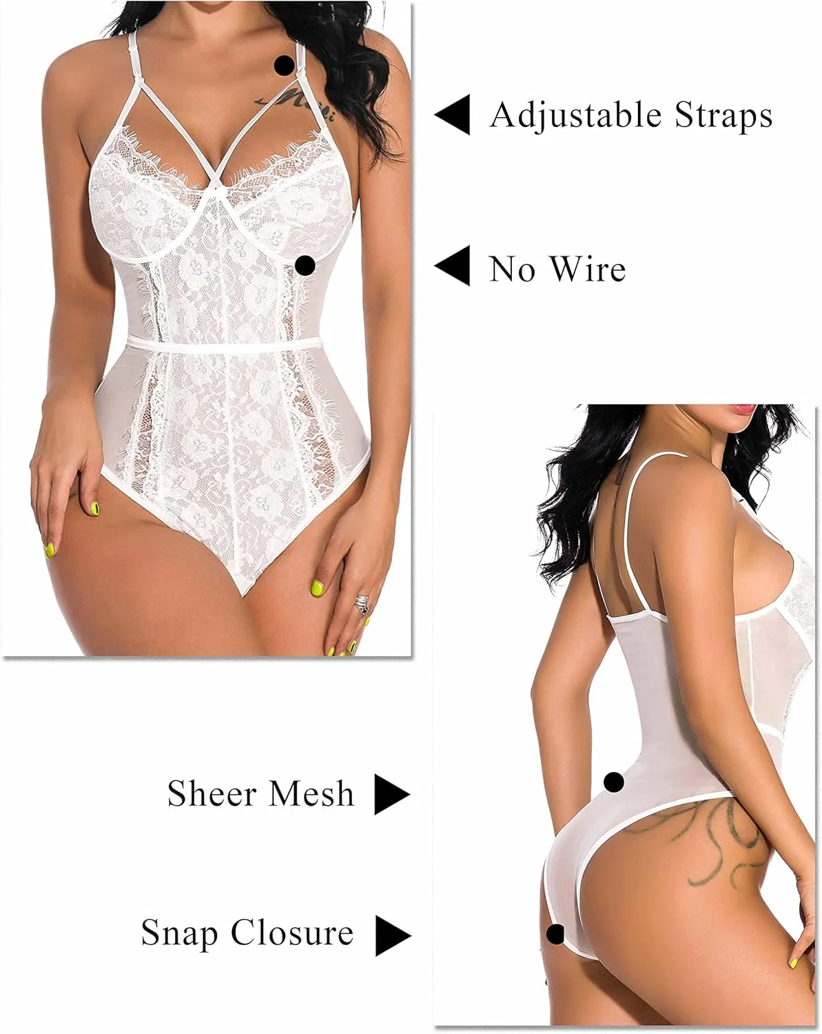 Aranmei Lingerie for Women Eyelash Lace Strappy Sexy Teddy Babydoll Lingerie with Snap Crotch