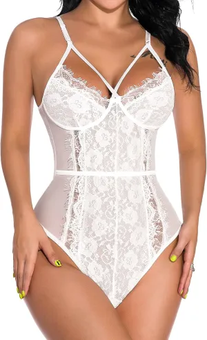 Aranmei Lingerie for Women Eyelash Lace Strappy Sexy Teddy Babydoll Lingerie with Snap Crotch