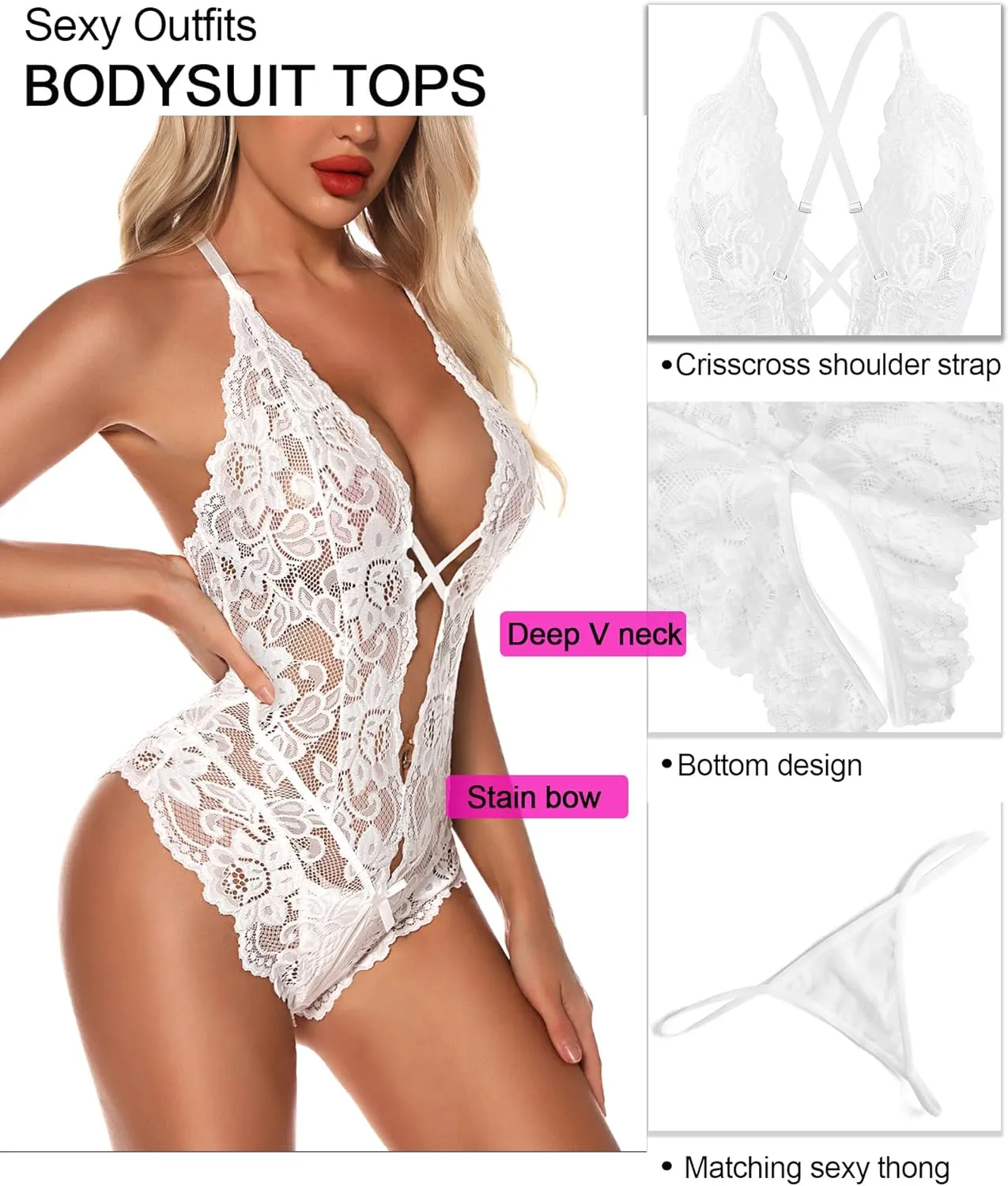 Aranmei Sexy Lingerie for Women Lace Teddy Bodysuit Deep V Cut Out Matching Panty Underwear