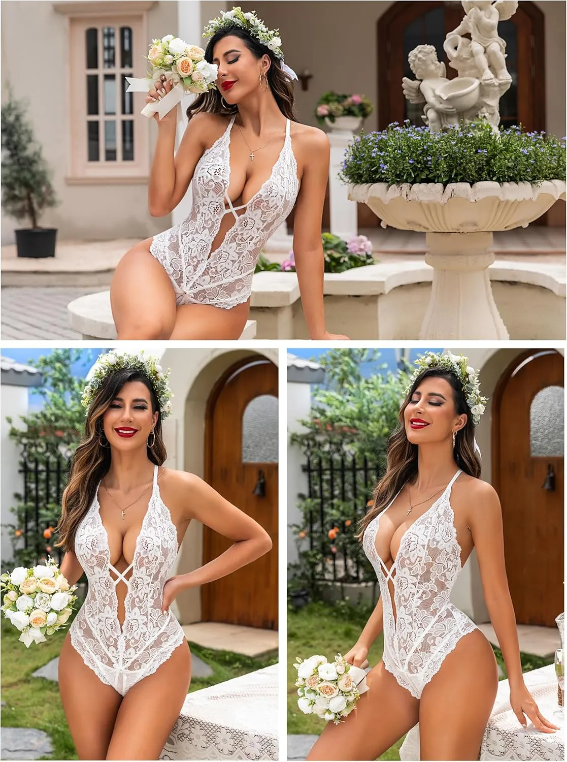 Aranmei Sexy Lingerie for Women Lace Teddy Bodysuit Deep V Cut Out Matching Panty Underwear