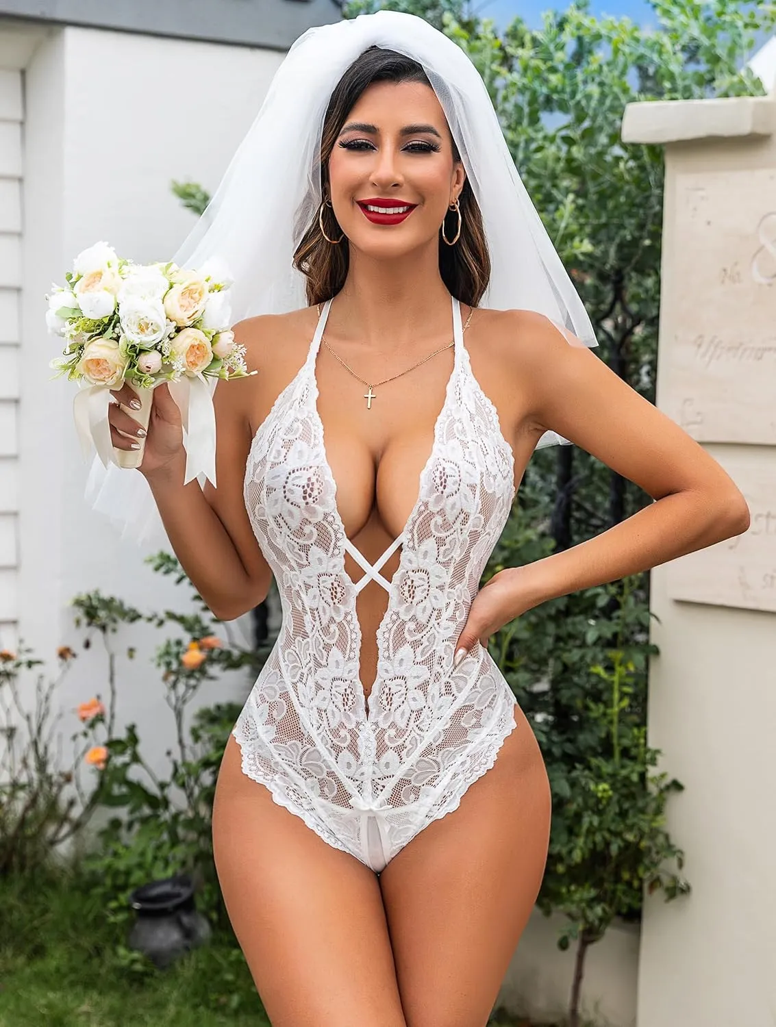 Aranmei Sexy Lingerie for Women Lace Teddy Bodysuit Deep V Cut Out Matching Panty Underwear