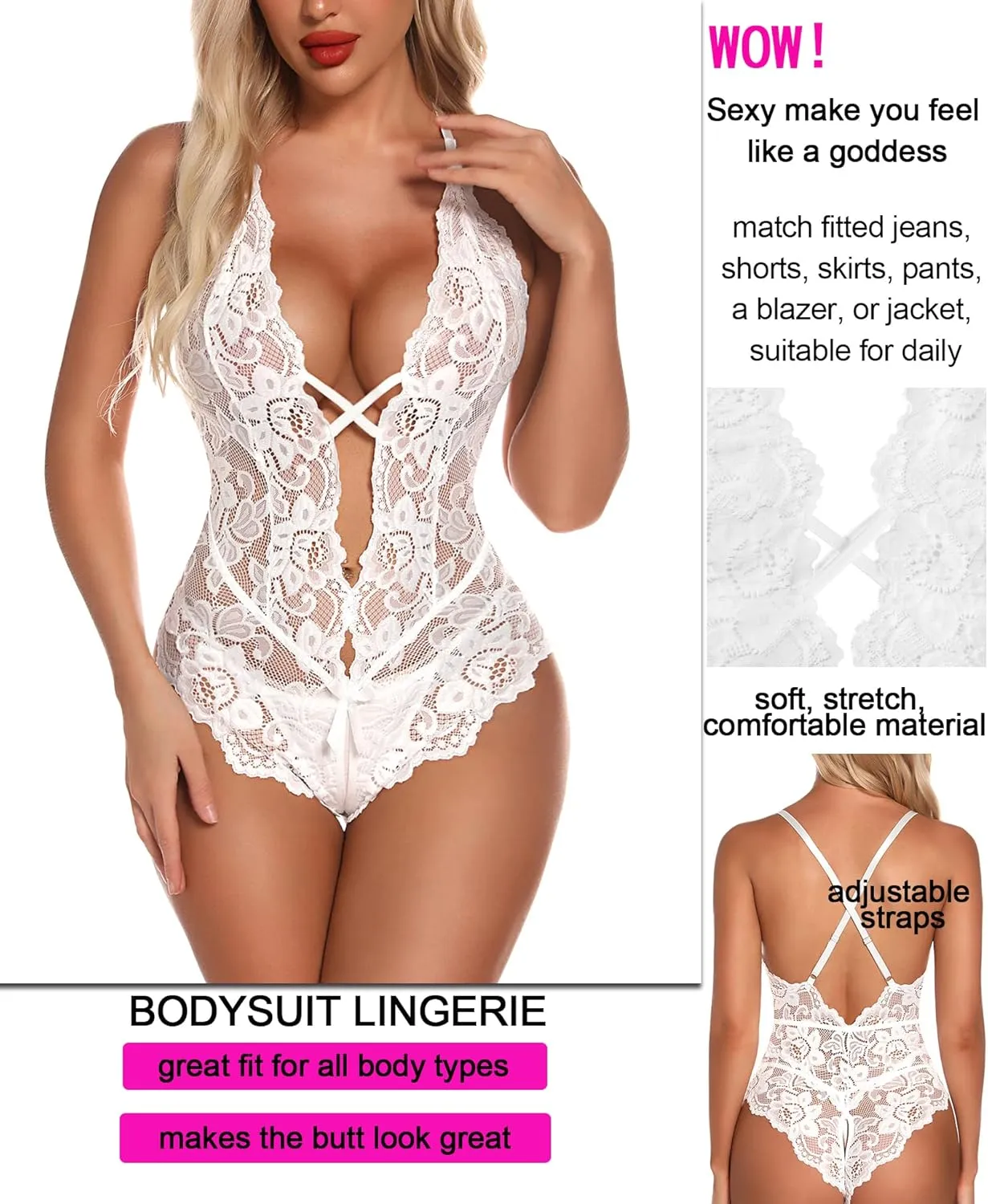 Aranmei Sexy Lingerie for Women Lace Teddy Bodysuit Deep V Cut Out Matching Panty Underwear