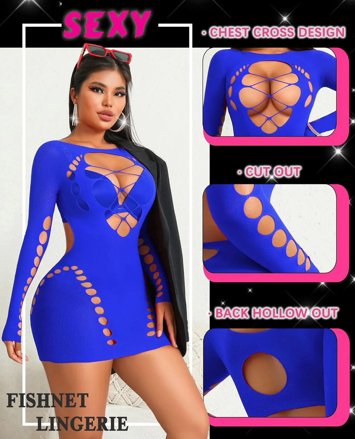 Avidlove Fishnet Lingerie for Women Sexy Long Sleeve Mesh Badydoll Chemise Lingeries Dress Hollow Out Outfits