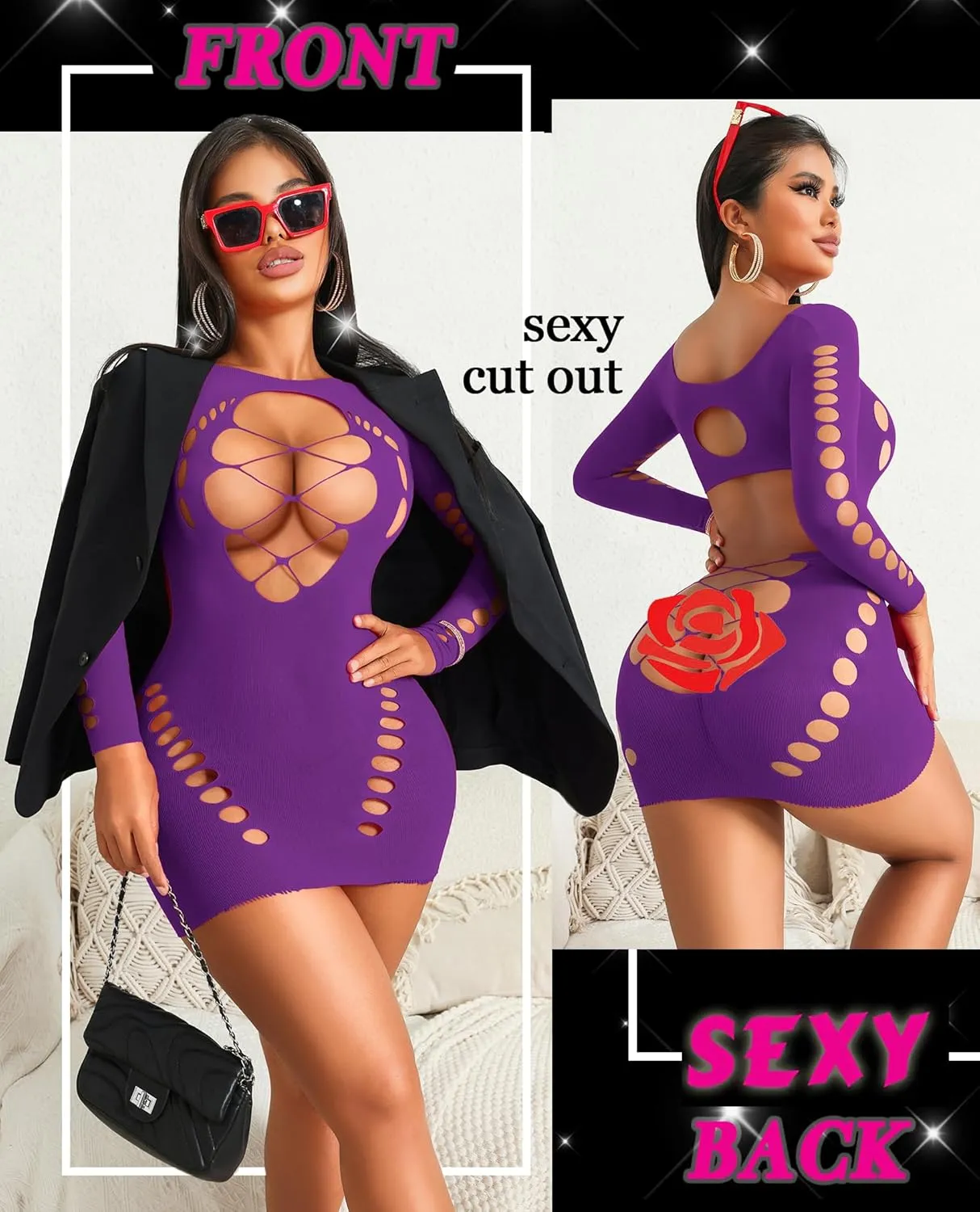 Avidlove Fishnet Lingerie for Women Sexy Long Sleeve Mesh Badydoll Chemise Lingeries Dress Hollow Out Outfits