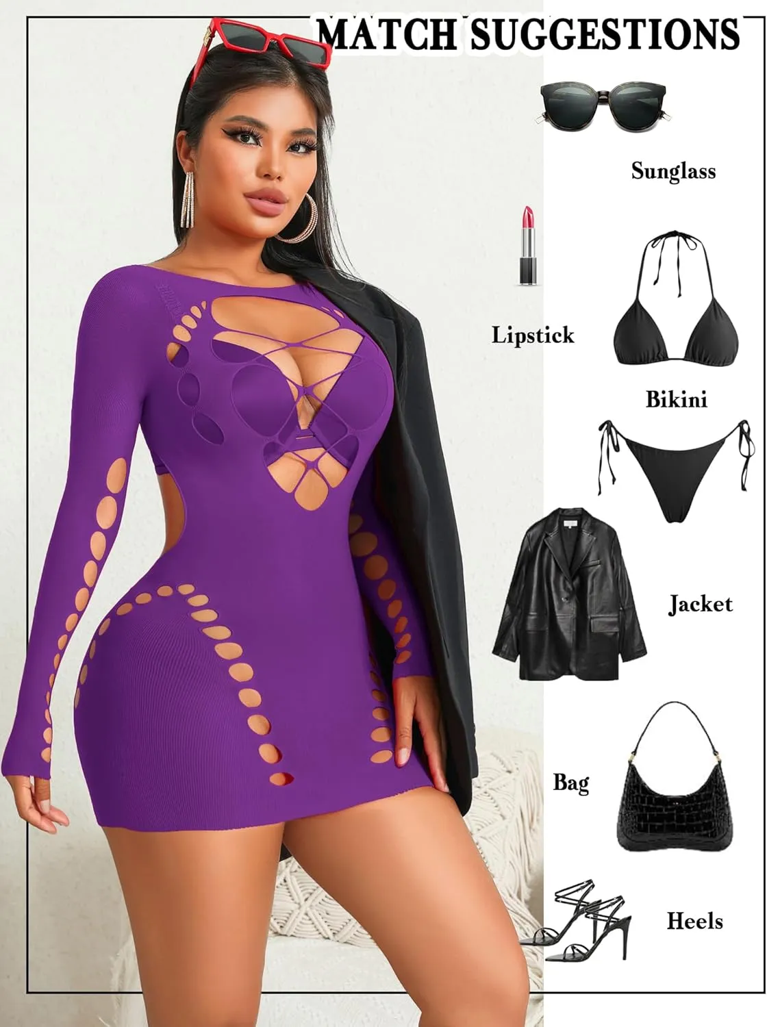 Avidlove Fishnet Lingerie for Women Sexy Long Sleeve Mesh Badydoll Chemise Lingeries Dress Hollow Out Outfits