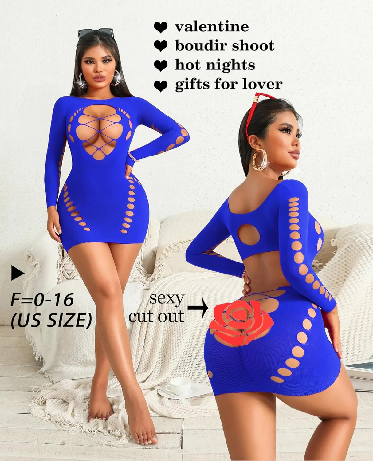 Avidlove Fishnet Lingerie for Women Sexy Long Sleeve Mesh Badydoll Chemise Lingeries Dress Hollow Out Outfits