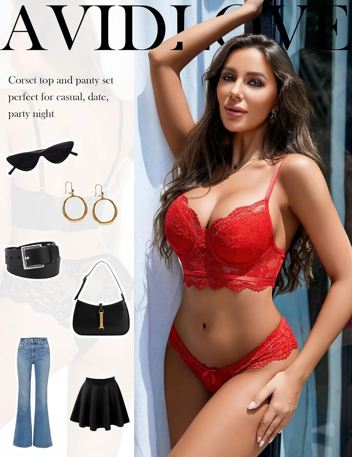 Avidlove Lingerie for Women Lace Strappy Underwear V Neck Bra and Panty Sets 2 Piece Bralette Outfits