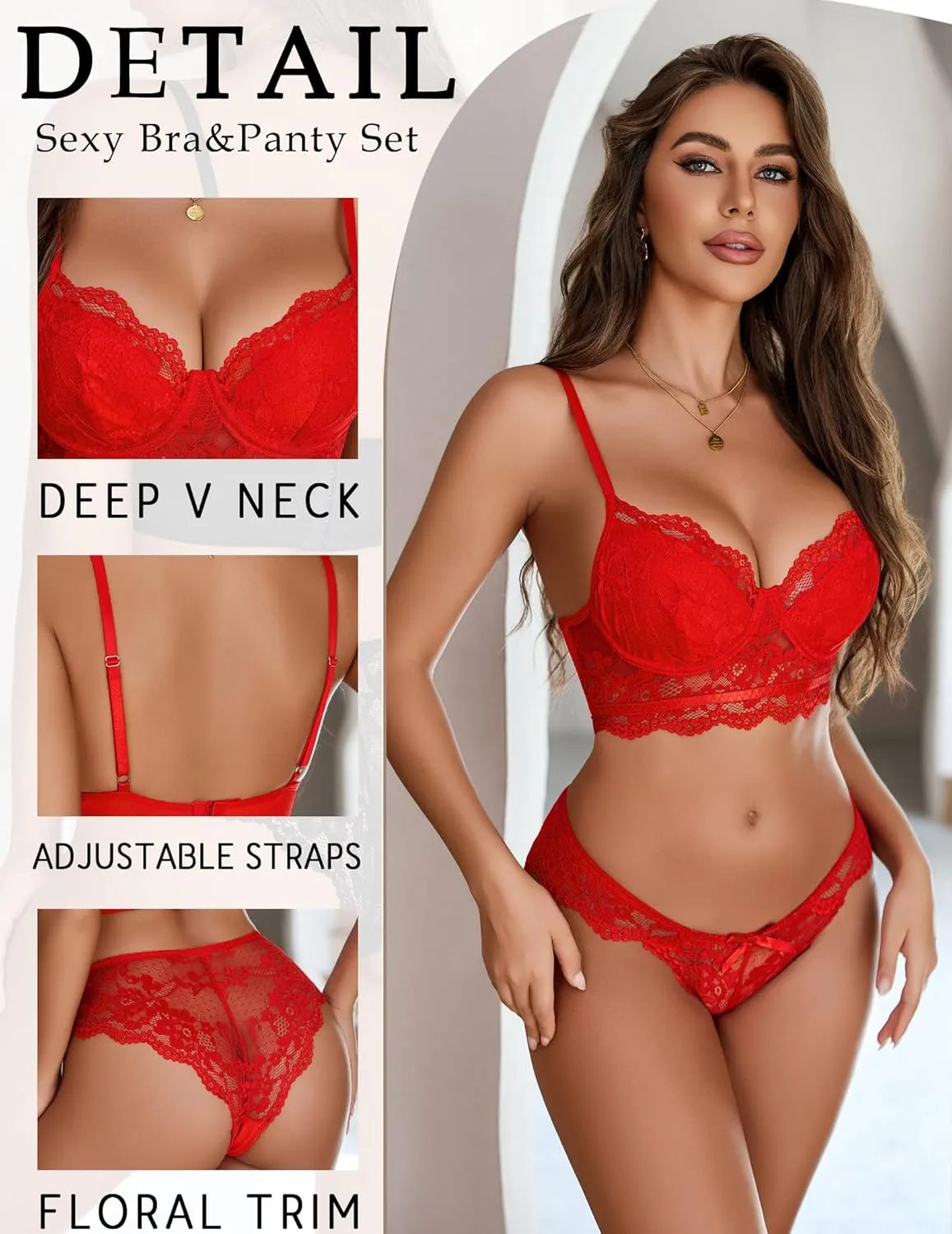 Avidlove Lingerie for Women Lace Strappy Underwear V Neck Bra and Panty Sets 2 Piece Bralette Outfits