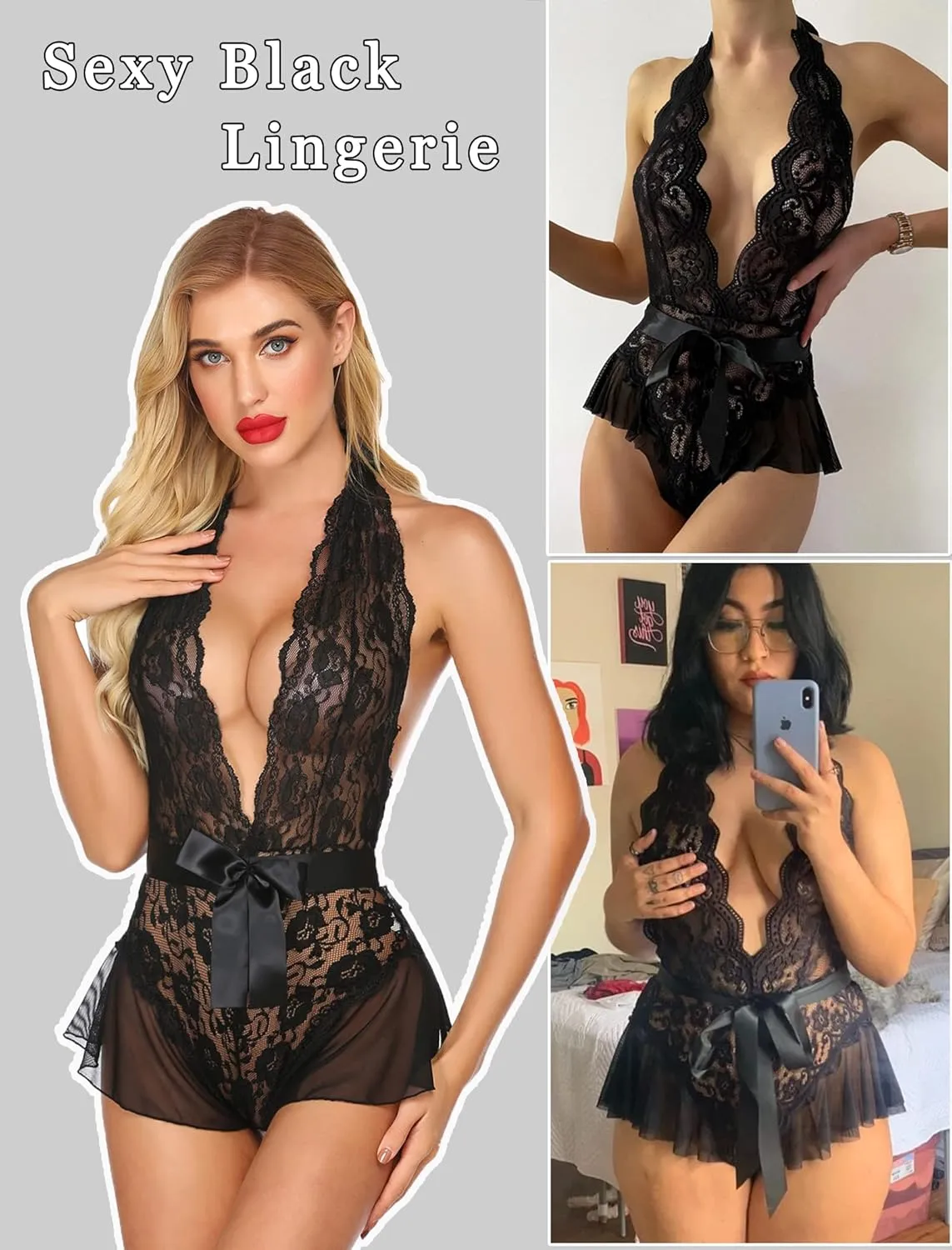 Avidlove Lingerie for Women Lace Teddy Bodysuit Halter V Neck One Piece Lingerie Nightgown XS-XXXL