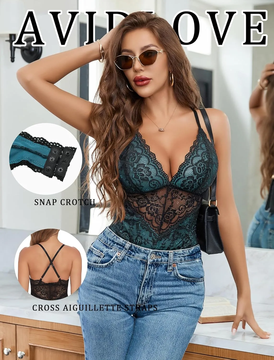 Avidlove Lingerie for Women One Piece Snap Crotch Teddy Bodysuit Contrast Lace Mini Babydoll