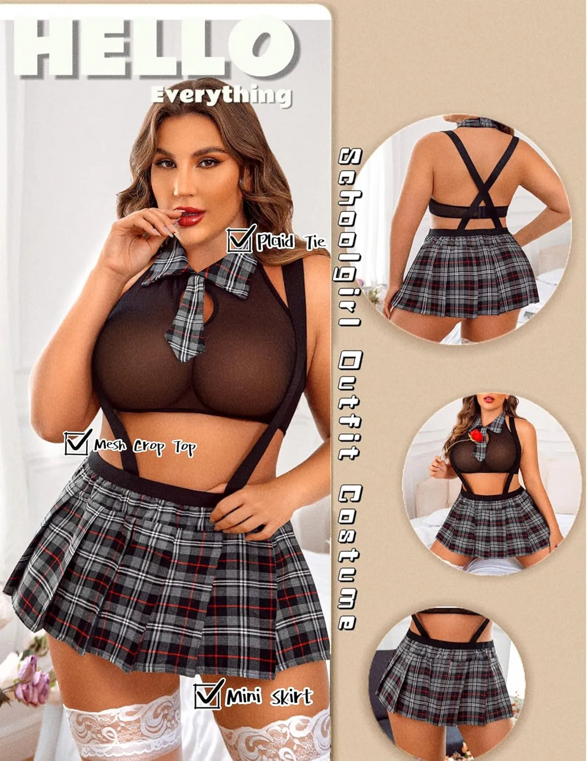 Avidlove Plus Size Schoolgirl Lingerie for Women Sexy Lingerie Roleplaying Outfit with Tie Top and Mini Skirt