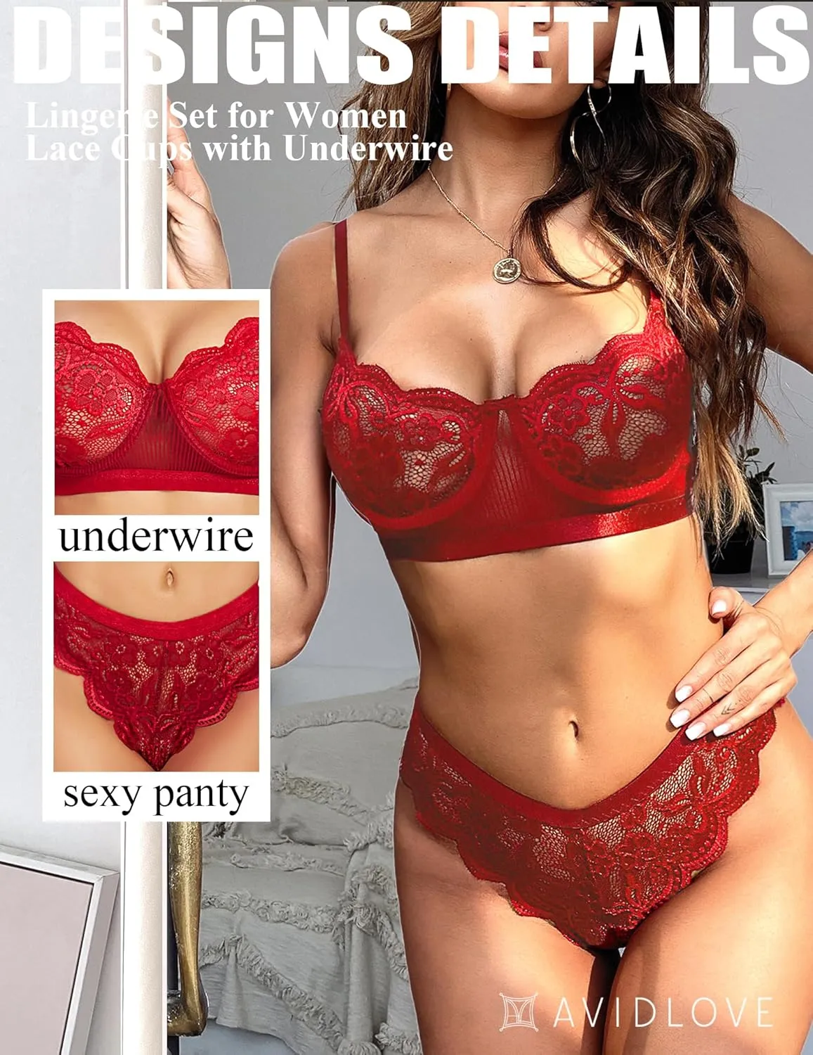 Avidlove Women Lingerie Sexy Sets with Underwire Lace Bra and Panty Set Push Up Two Piece Lingerie
