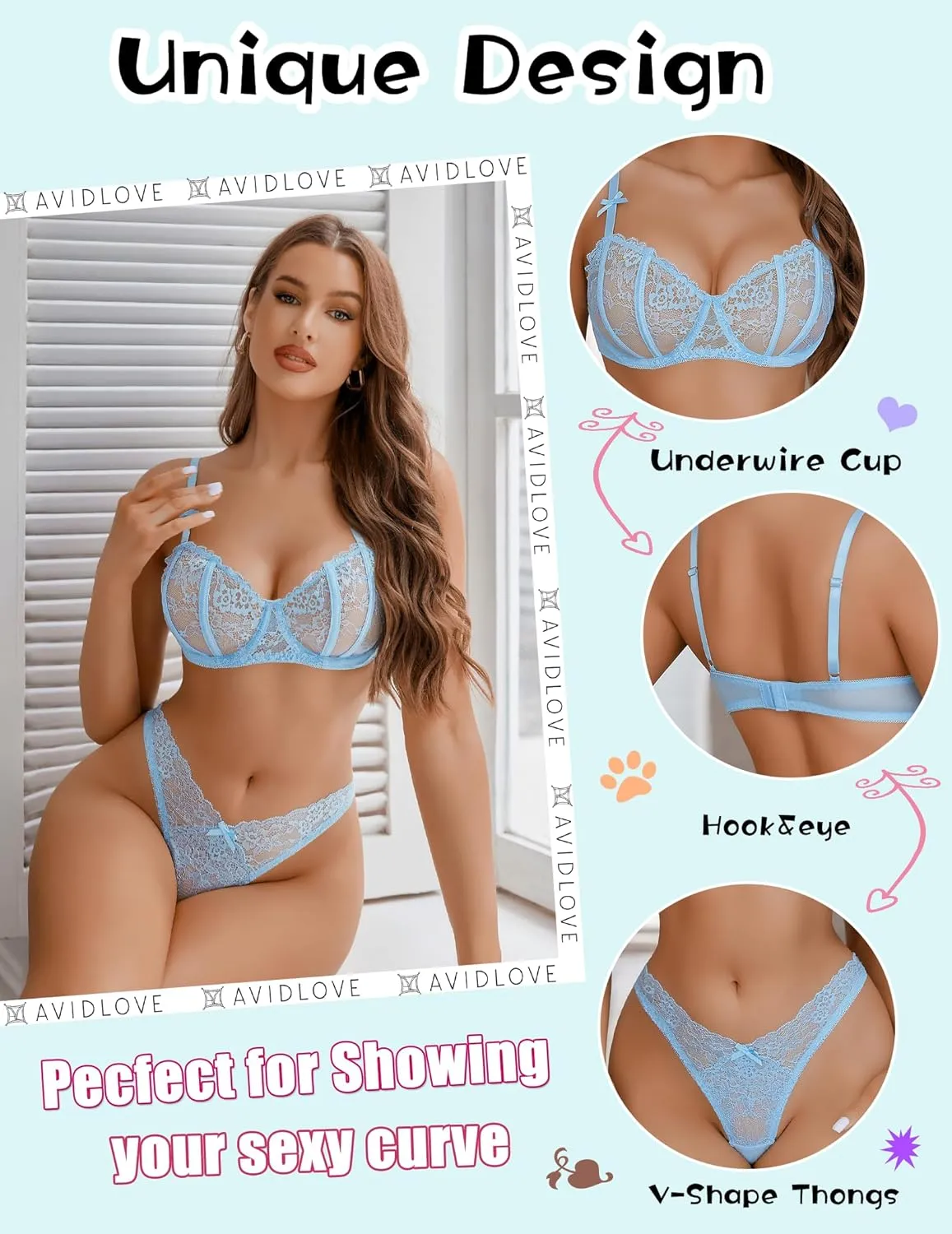 Avidlvoe Lingerie for Women Lace Bra and Panty Sets 2 Pieces Sexy Underwear Underwire Lingerie Set
