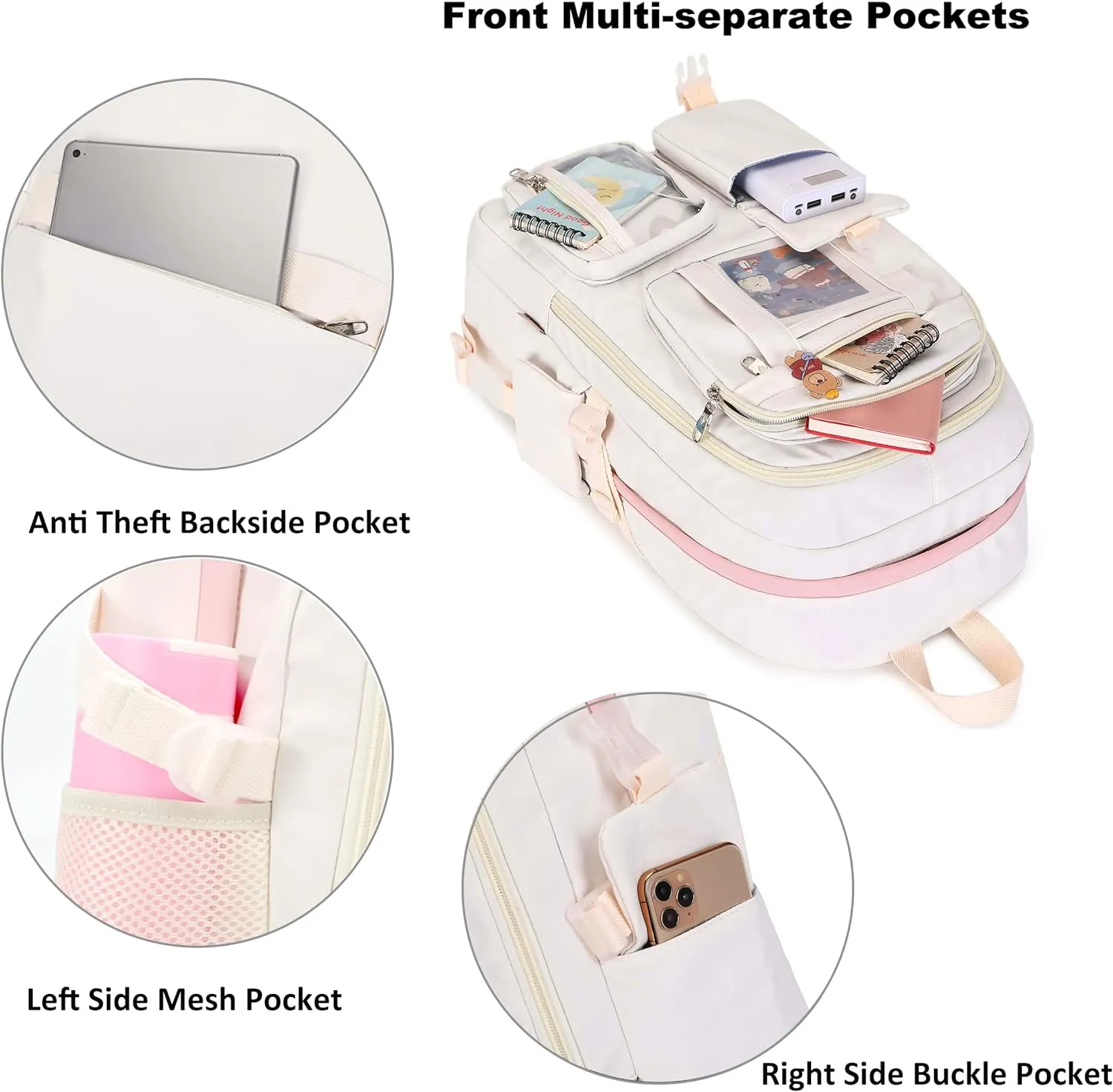Backpack for Girls with Accessories Laptop Bookbags 16 Inch Kawaii Kids Elementary Middle High School Bag College Travel Daypack Gifts for Teens Women Students (Off-white)