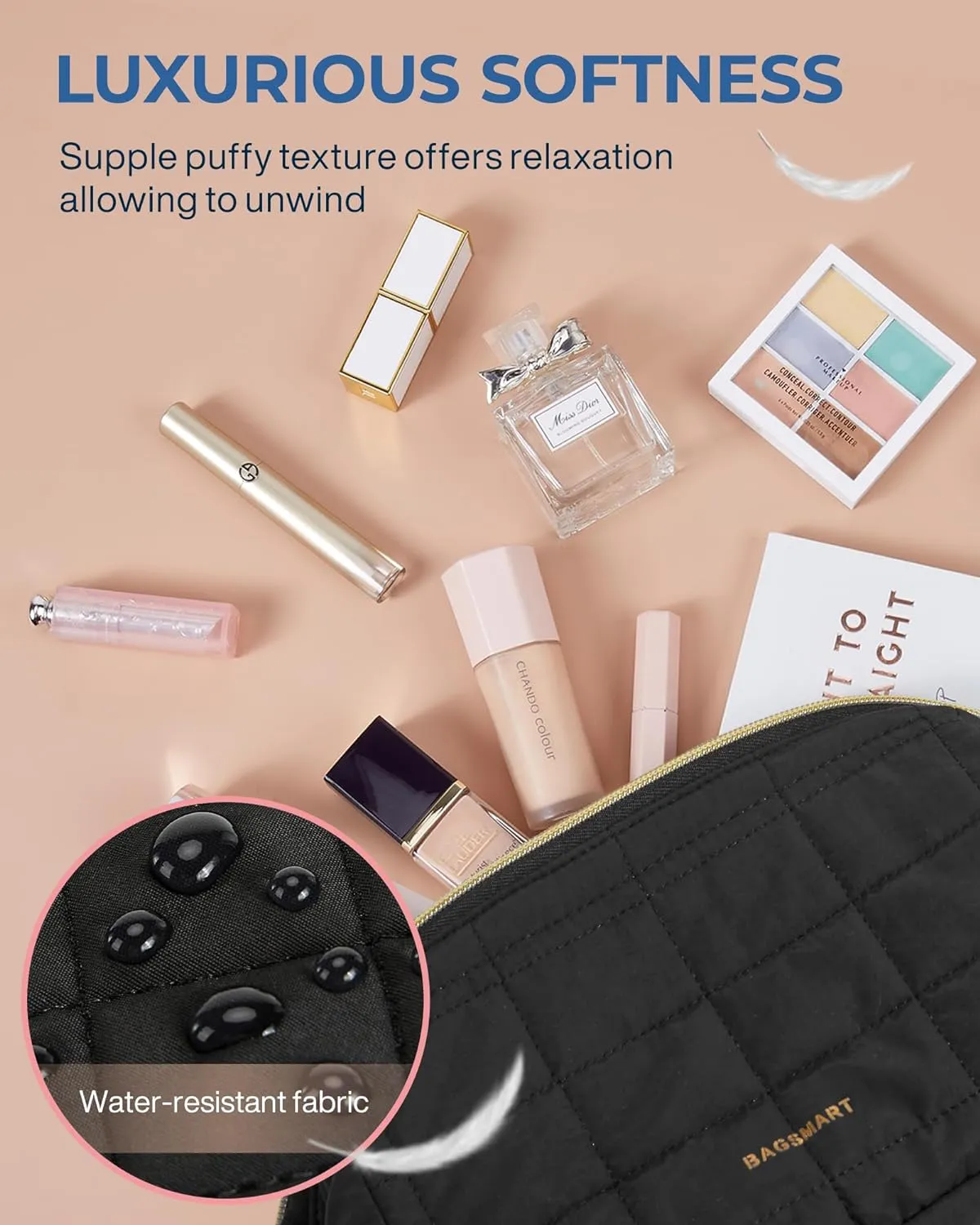 BAGSMART Makeup Bag Travel Toiletry Bag, Puffy Padded Make Up Bags for Women Makeup Organizer Case, Wide-open Pouch Purse Travel Essentials Toiletries Accessories Brushes, Black