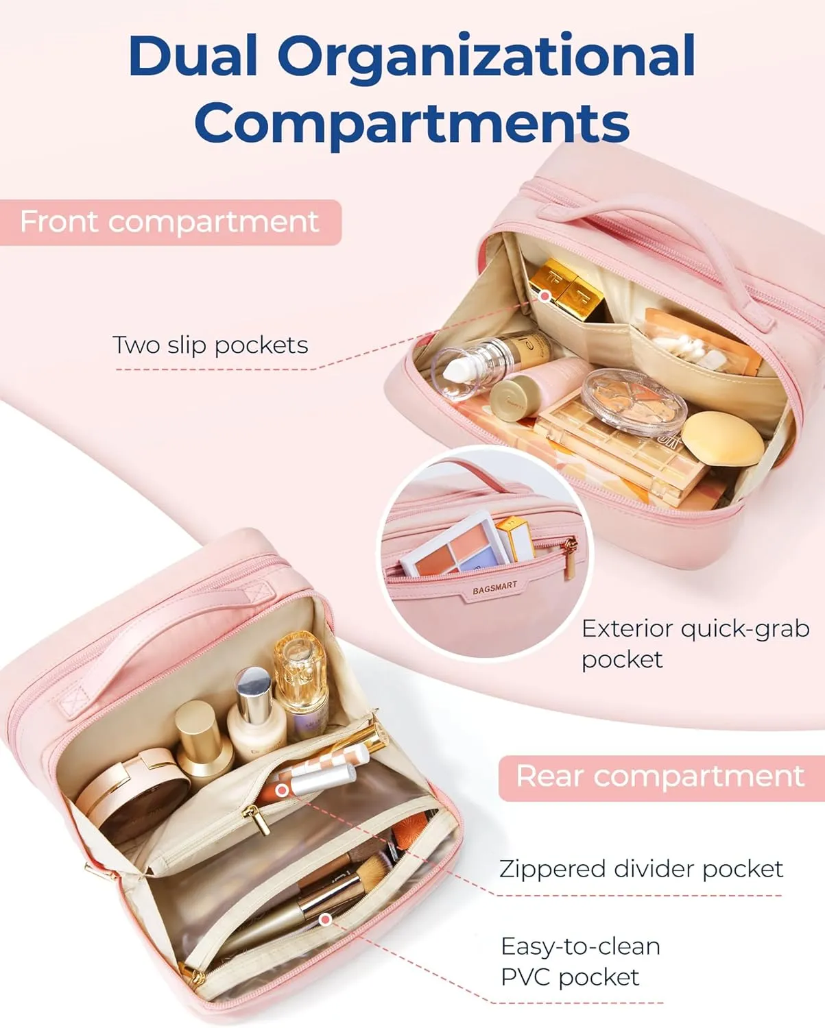 BAGSMART Travel Makeup Bag Large Capacity Cosmetic Bag, Wide-open Portable Make Up Bag Organizer for Women for Travel Essentials Toiletries Accessories Bottles, Brushes, Pink
