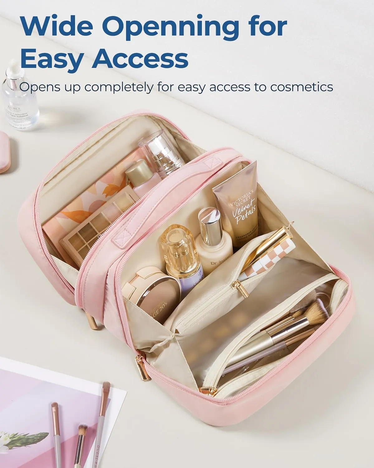 BAGSMART Travel Makeup Bag Large Capacity Cosmetic Bag, Wide-open Portable Make Up Bag Organizer for Women for Travel Essentials Toiletries Accessories Bottles, Brushes, Pink