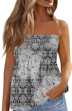 Bandeau Tops for Women Strapless Sleeveless Bandeau Floral Print Smocked Ruffled Tanks Casual Cute Tube Tops