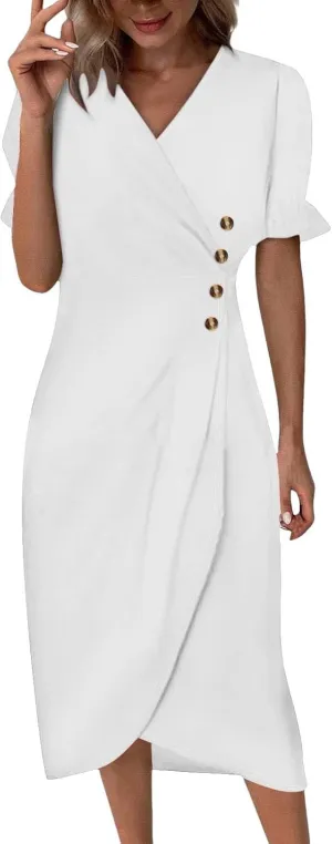 Beach Dresses for Women 2025 Spring Trendy Floral Boho Elegant V Neck Short Sleeve Irregular Hem Midi Dress