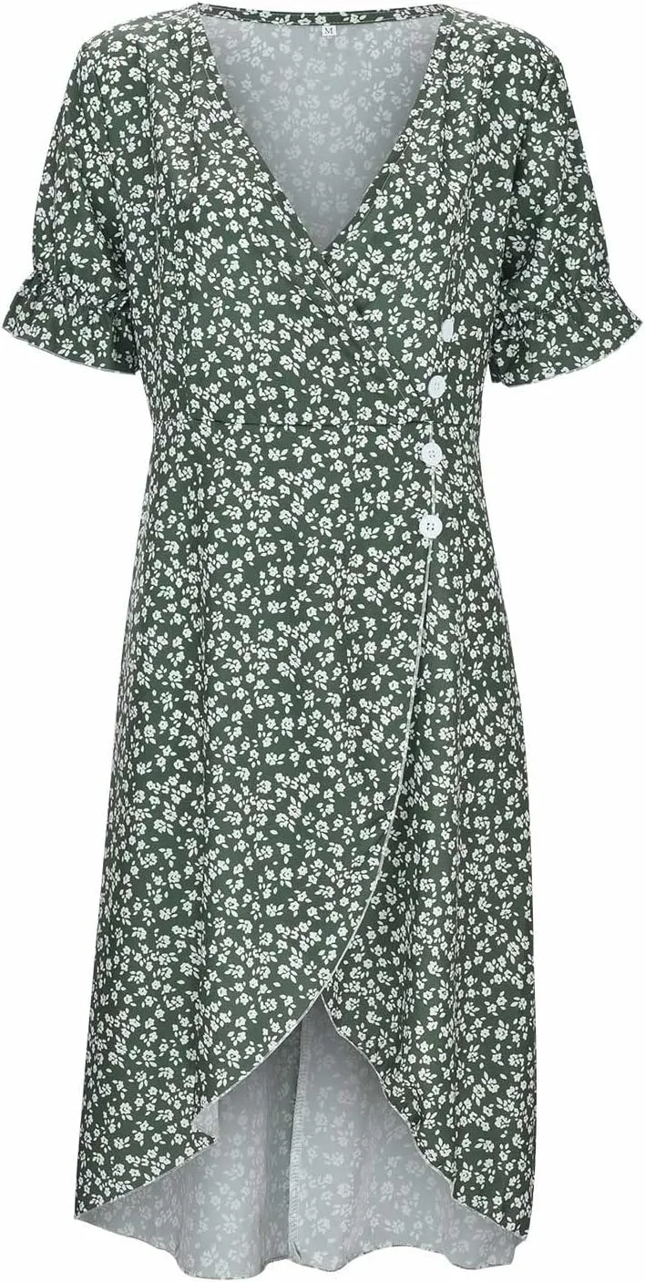 Beach Dresses for Women,2025 Summer Trendy Elegant Wrap V Neck Floral Boho Dress,Flowy Ruched Hawaiian Maxi Dress