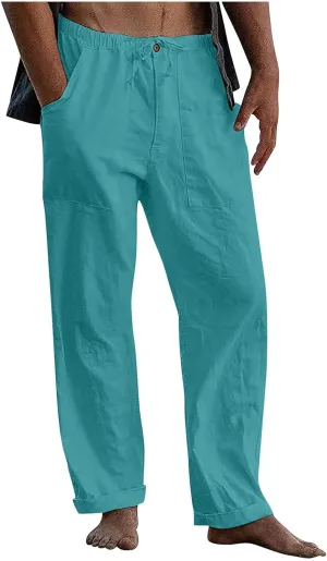 Beach Linen Pants for Men Drawstring Plus Size Linen Pants Lightweight Elastic WAIS Yoga Pants with Pockets Lounge Pants