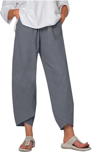 Beach Pants for Women 2025 Vacation Loose Capri Pants Baggy Elastic Waist Pants Summer Lounge Pants with Pockets