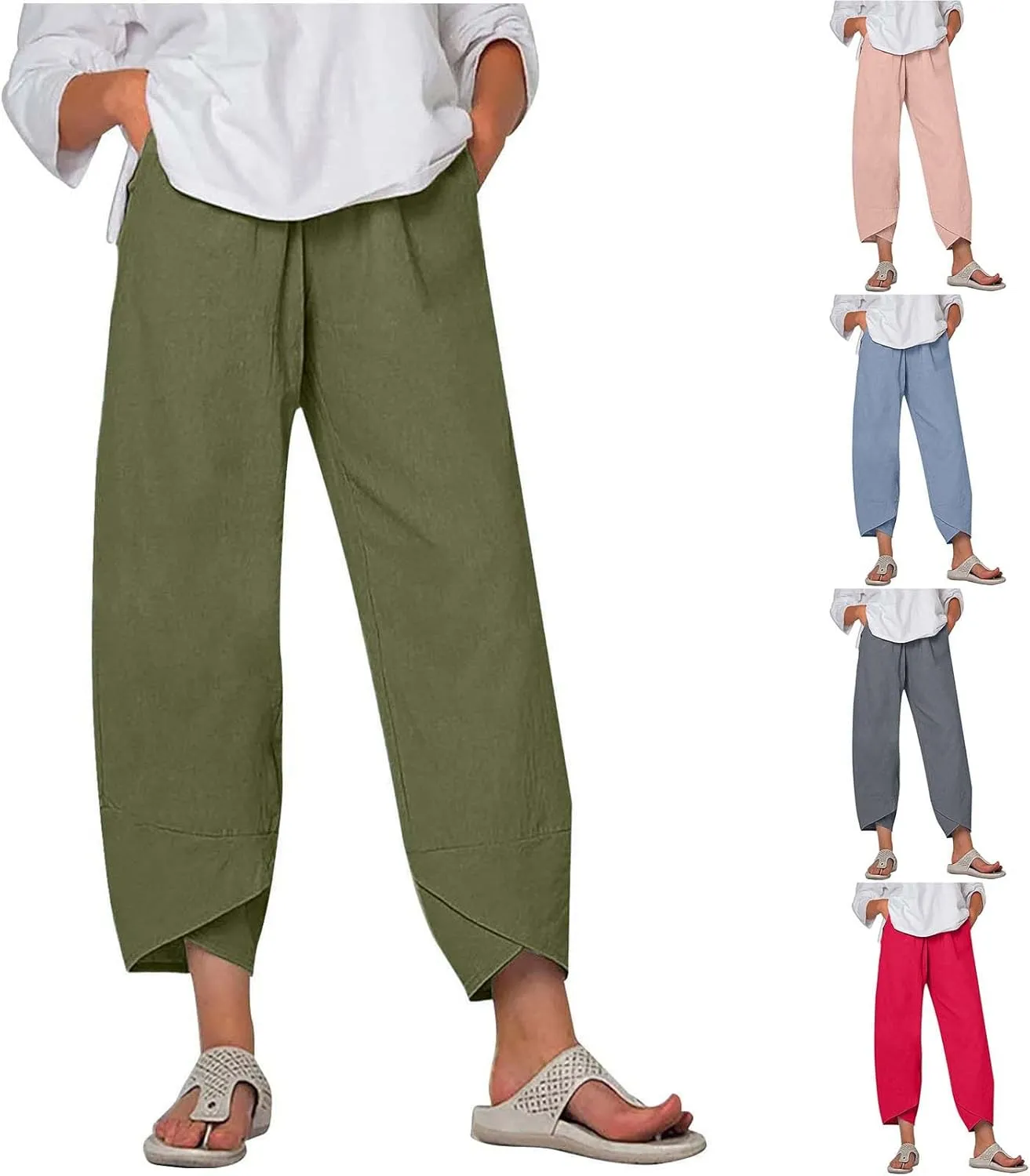 Beach Pants for Women 2025 Vacation Loose Capri Pants Baggy Elastic Waist Pants Summer Lounge Pants with Pockets