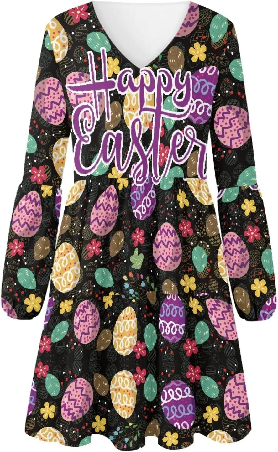 Bengbobar 2024 Easter Dress for Women Long Sleeve Easter Eggs Shift Dresses Spring Bunny Casual Elegant V Neck Vintage Dress